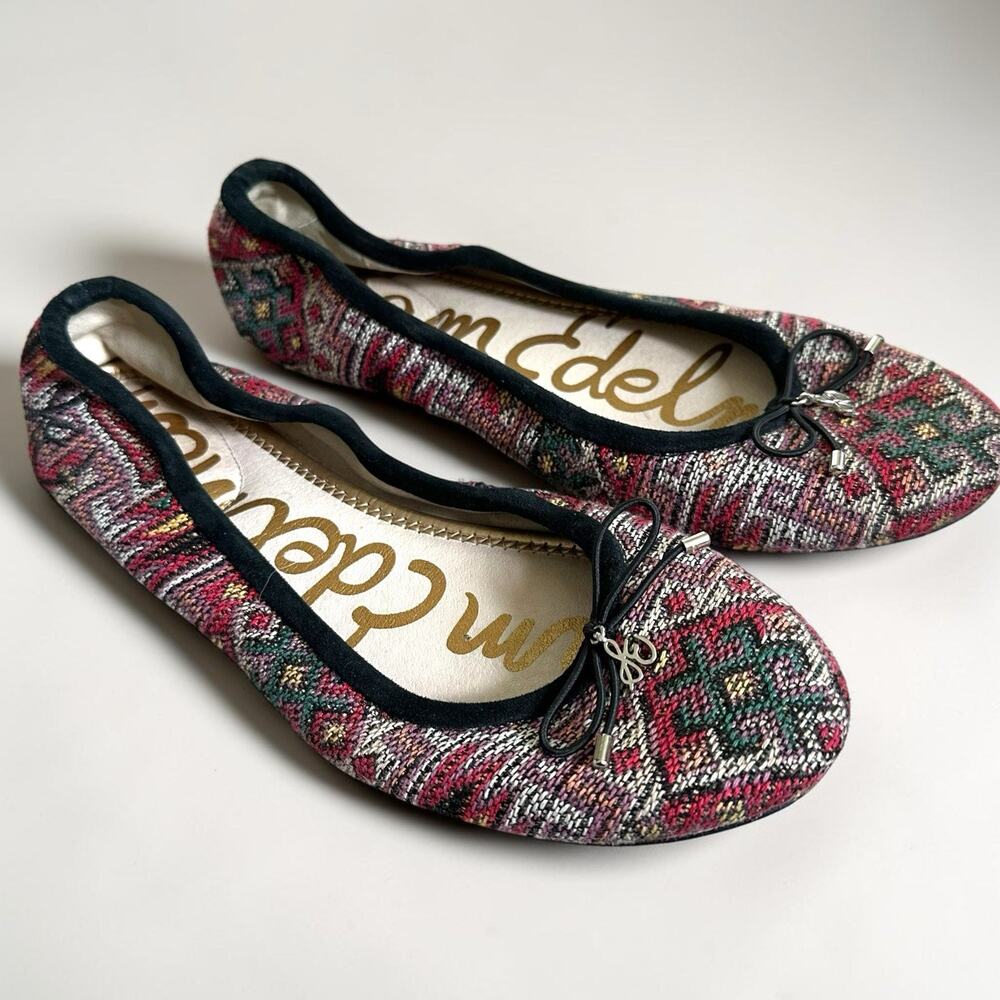 Sam Edelman Felicia Ballet Flat Sz 8.5 Multi Embroidered Boho Aztec Textile Bow